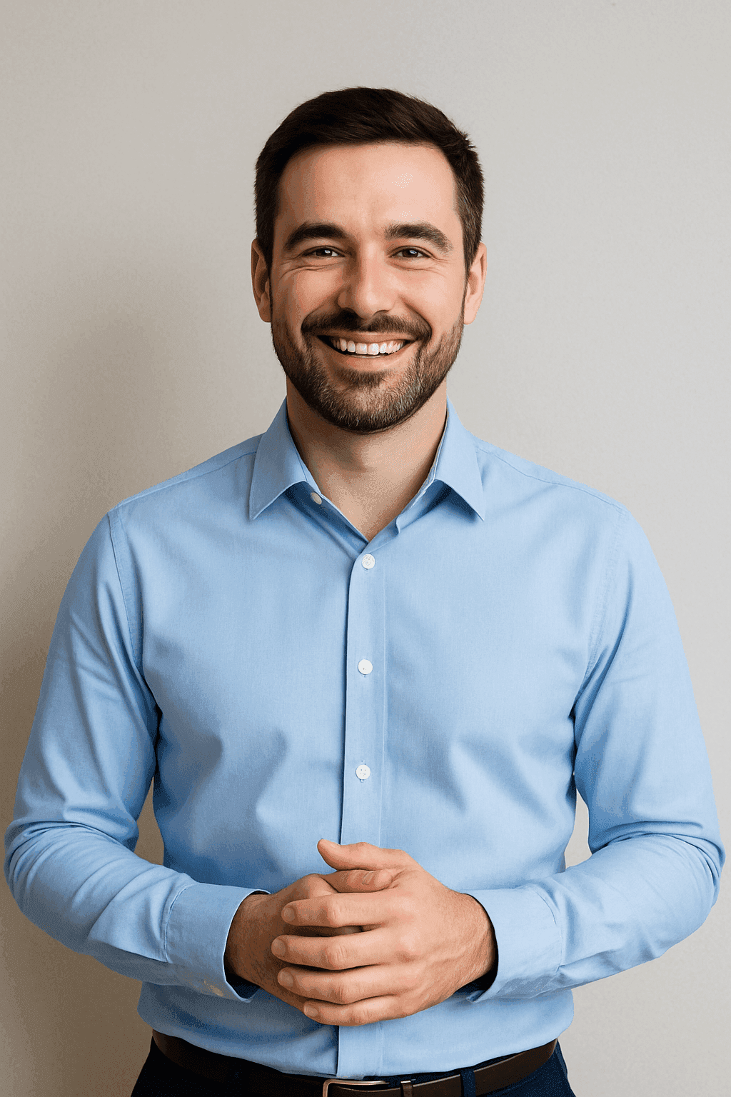 Uśmiechnięty specjalista ds. wsparcia IT w jasnoniebieskiej koszuli, reprezentujący usługi wsparcia i rozwiązań IT Foxcomm.